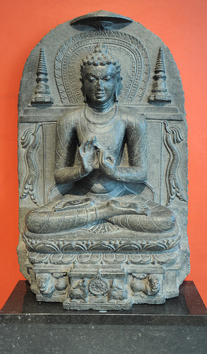 Lord Buddha teaching the Dharma, seated on a lion throne, mudra and mantra, stupas, schist, Chicago Art Institute, Chicago, Illinois, USA / wonderlane